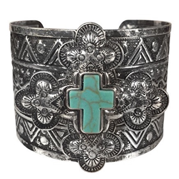 Wide Western Tribal Style Turquoise Cross Silver Cuff Bracelet - Picture 1 of 5
